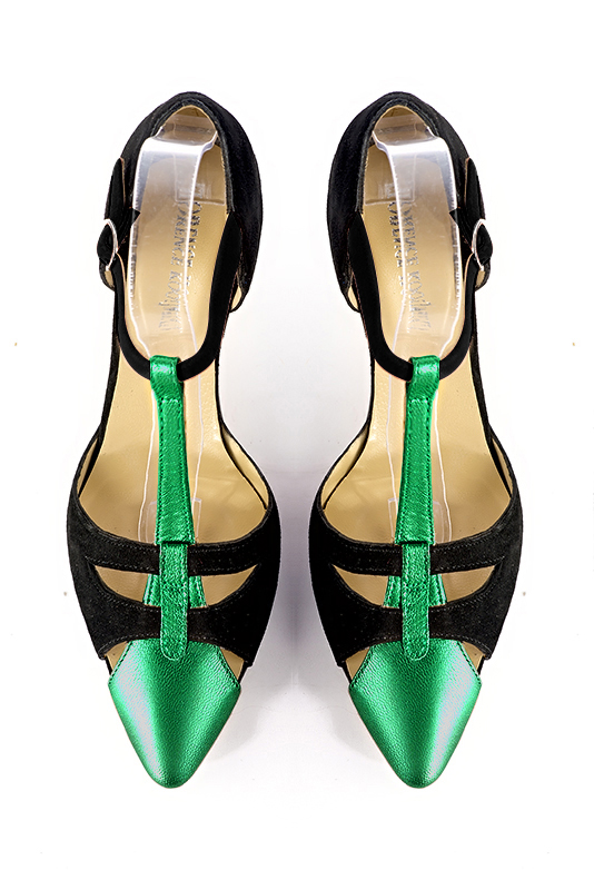 Emerald green and matt black women's T-strap open side shoes. Tapered toe. Medium flare heels. Top view - Florence KOOIJMAN